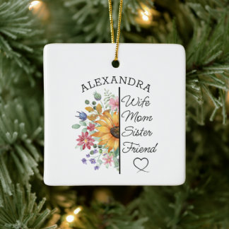 Ornamento De Cerâmica Nome Personalizado e Texto Floral Esposa Mãe Irmã