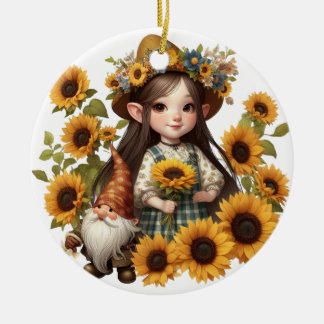 Ornamento De Cerâmica Nome personalizado gnoma girassóis