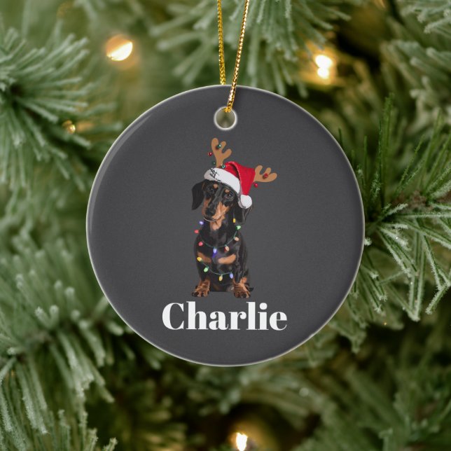 Ornamento De Cerâmica Nome Personalizado Luzes de Cachorro de Natal (Árvore)