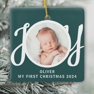 Ornamento De Cerâmica Nome Personalizado Meu Primeiro Natal Foto Verde
