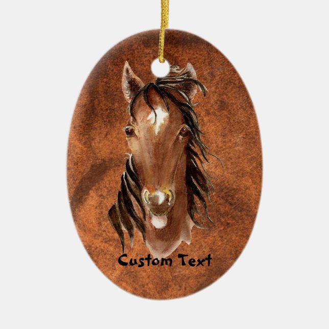 Ornamento De Cerâmica Nome Personalizado, Monograma, Cavalo de Aquarela  (Frente)