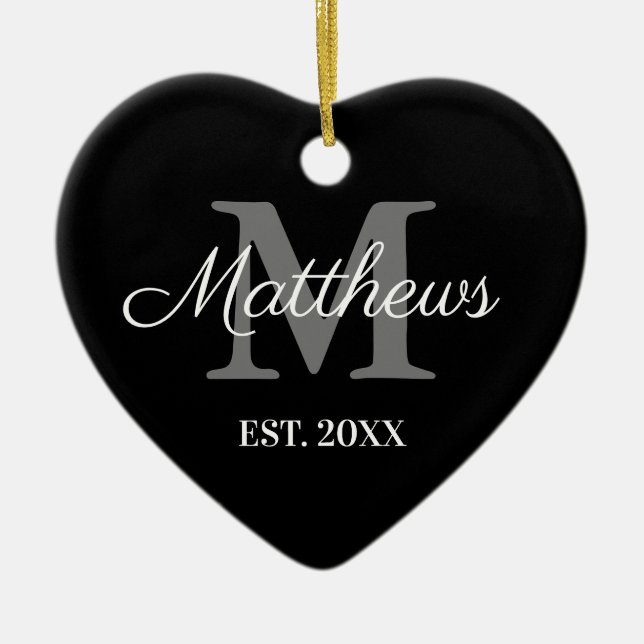 Ornamento De Cerâmica Nome personalizado monograma preto e branco Natal (Frente)