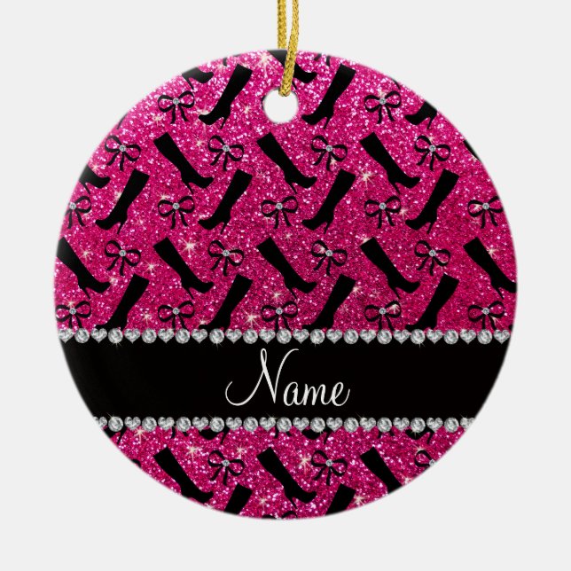 Ornamento De Cerâmica Nome personalizado neon hot pink glitter inicializ (Frente)
