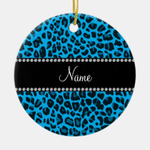 Ornamento De Cerâmica Nome personalizado padrão leopardo azul