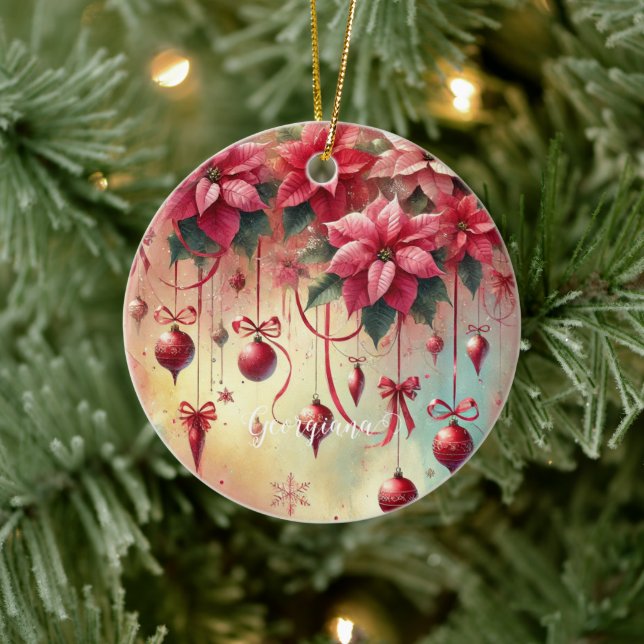 Ornamento De Cerâmica Nome Personalizado Poinsettia Whimsical Baubles de (Árvore)