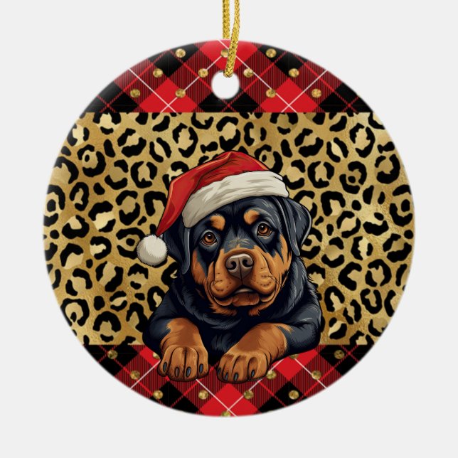 Ornamento De Cerâmica Nome Personalizado Rottweiler cão Santa hat Xadrez (Frente)