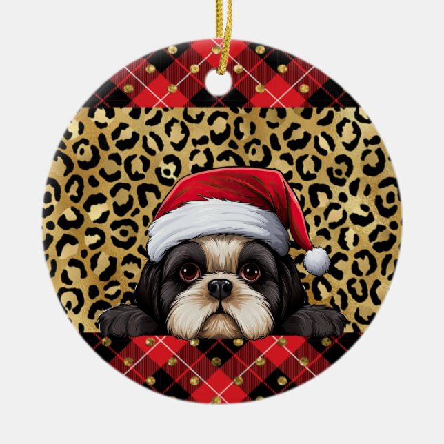 Ornamento De Cerâmica Nome Personalizado Shih Tzu dog Santa hat Xadrez B (Frente)