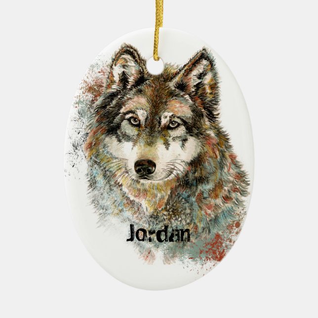 Ornamento De Cerâmica Nome Personalizado Wolf Cinza Personalizado (Frente)