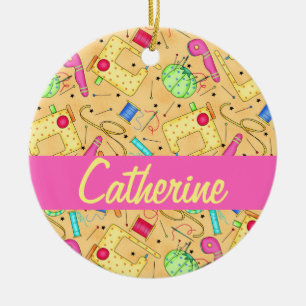 Ornamento De Cerâmica Nome Sewing amarelo da arte das noções
