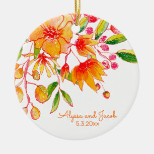 Ornamento De Cerâmica Nomes de Casal Data de Casamento em Aquarela Laran