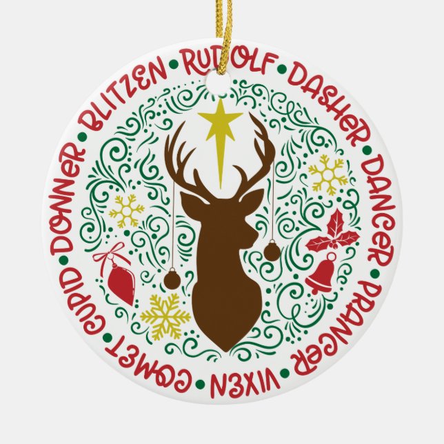 Ornamento De Cerâmica Nomes de Renas Voadoras Magnéticas dos papais noei (Frente)