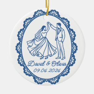 Ornamento De Cerâmica Nomes do Casal de Dança de Casamento e Arte de Lin