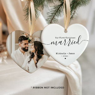 Ornamento De Cerâmica Nomes e Foto de Primeiro Natal Casados Minimalista