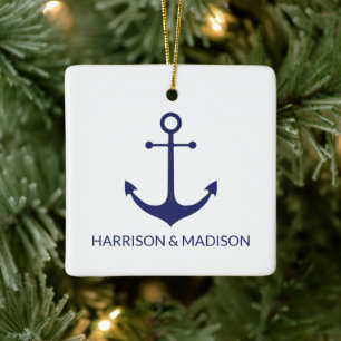 Ornamento De Cerâmica Nomes personalizados azuis azuis de marinho âncor