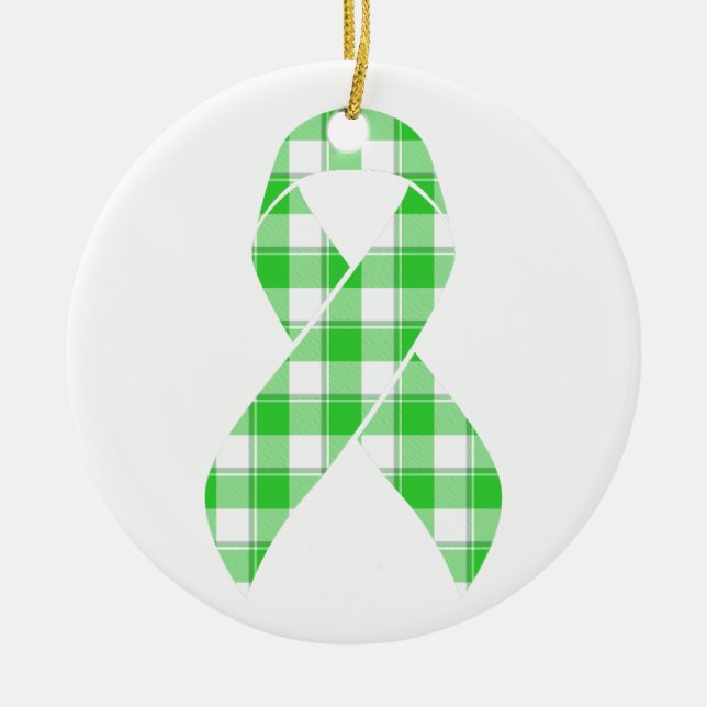 Ornamento De Cerâmica Non-Hodgkin's Lymphoma Plaid Green Ribbon (Frente)