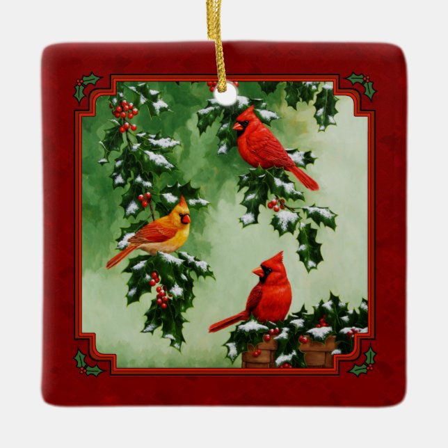 Ornamento De Cerâmica Norte Red Cardinals e Holly Red (Frente)