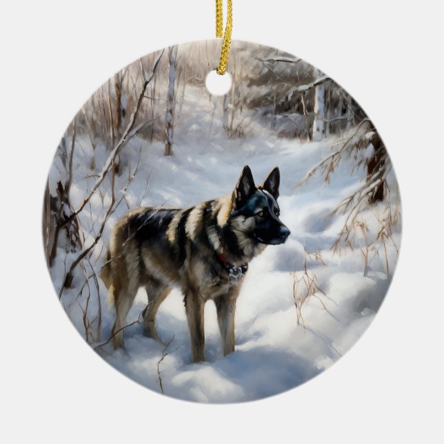 Ornamento De Cerâmica Norueguês Elkhound Deixe Neve Natal (Frente)