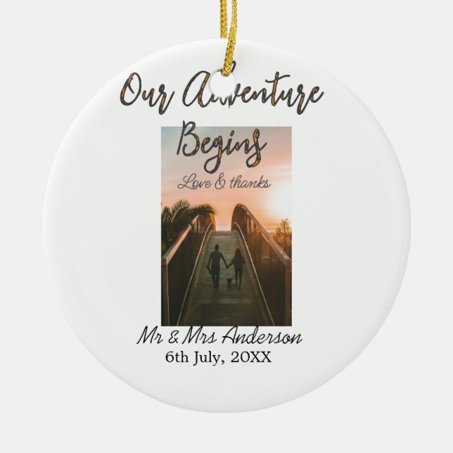 Ornamento De Cerâmica Nossa aventura começa casal foto amor e obrigados (Frente)