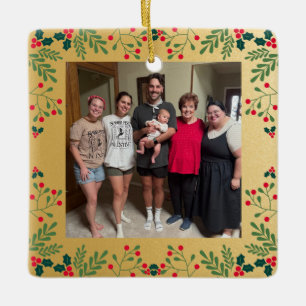 Ornamento De Cerâmica Nossa Foto de Natal da Família Dourada e Holly Fra