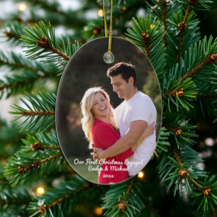 Ornamento De Cerâmica Nossa Primeira Foto de Casal no Natal