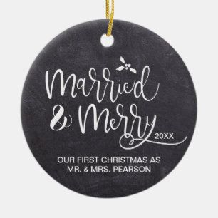 Ornamento De Cerâmica Nossa Primeira Foto De Casamento De Feliz De Natal