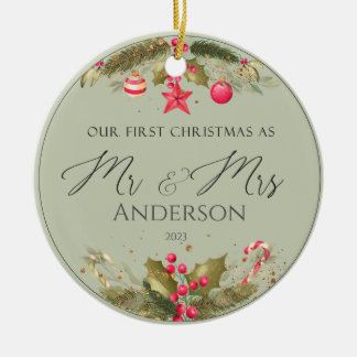 Ornamento De Cerâmica Nossa Primeira Foto de Casamento de Natal Sr. Sra.