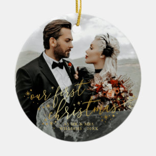 Ornamento De Cerâmica Nossa Primeira Foto De Casamento De Script Dourado
