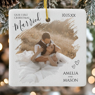 Ornamento De Cerâmica Nossa Primeira Foto de Natal Casados Pincelada 