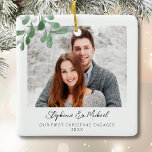 Ornamento De Cerâmica Nossa Primeira Foto Envolvida no Natal<br><div class="desc">Este Primeiro Ornamento de Fotos Envolvido no Natal é decorado com a tipografia do na moda e do loteamento de cores aquáticas. Facilmente personalizável com sua foto, nome e ano. Use a Ferramenta Design para alterar o tamanho, o estilo ou a cor do texto. Porque nós criamos a nossa trabalho...</div>
