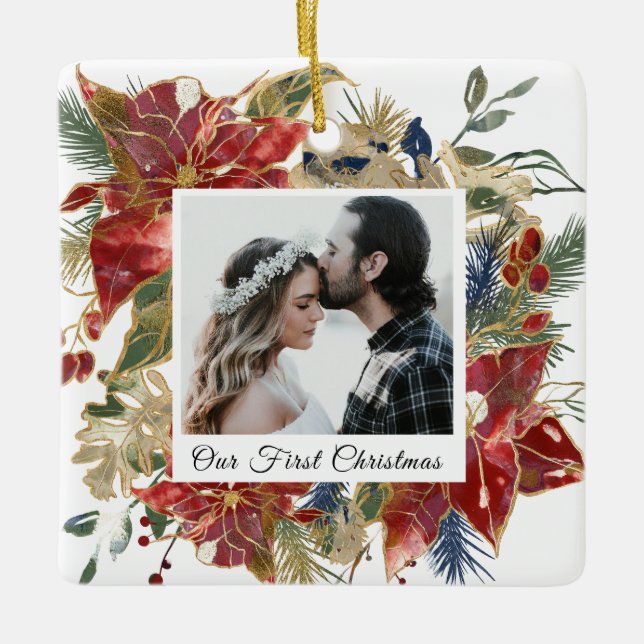 Ornamento De Cerâmica Nossa primeira fotografia de Natal Elegante Floral (Frente)