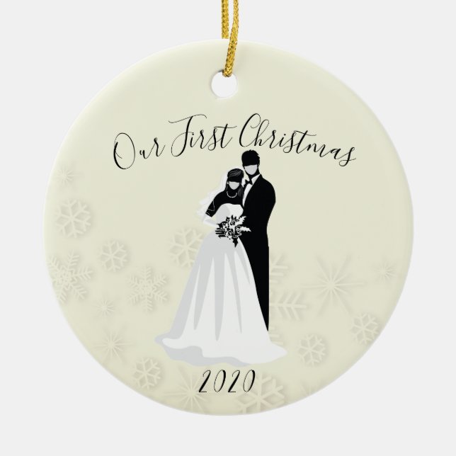Ornamento De Cerâmica Nossa Primeira Máscara Facial de Natal 2020 Noiva  (Frente)