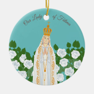 Ornamento De Cerâmica Nossa Senhora da Fátima e rosas brancas