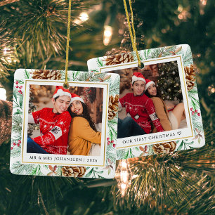 Ornamento De Cerâmica Nossas Primeiras Fotos de Natal Aguarela de Folhag