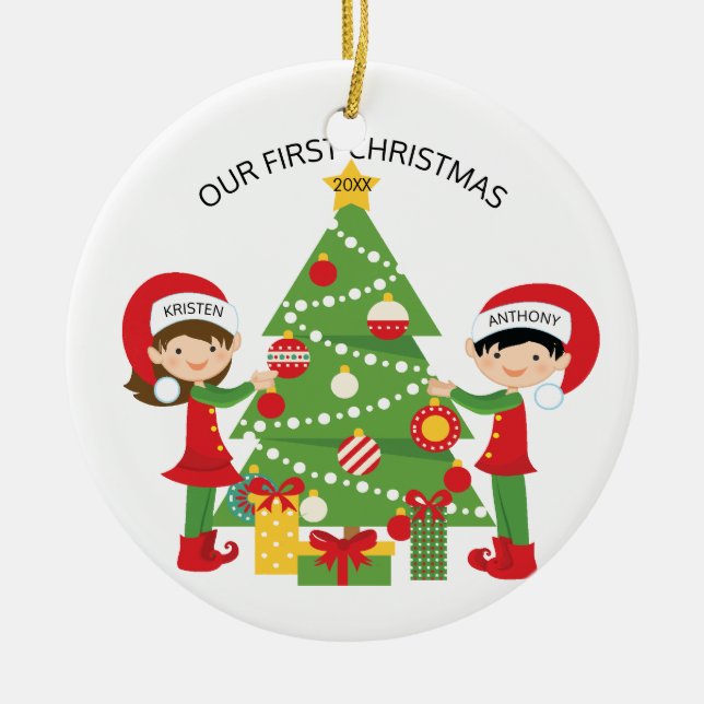 Ornamento De Cerâmica Nosso Natal personalizado primeiro Natal (Frente)
