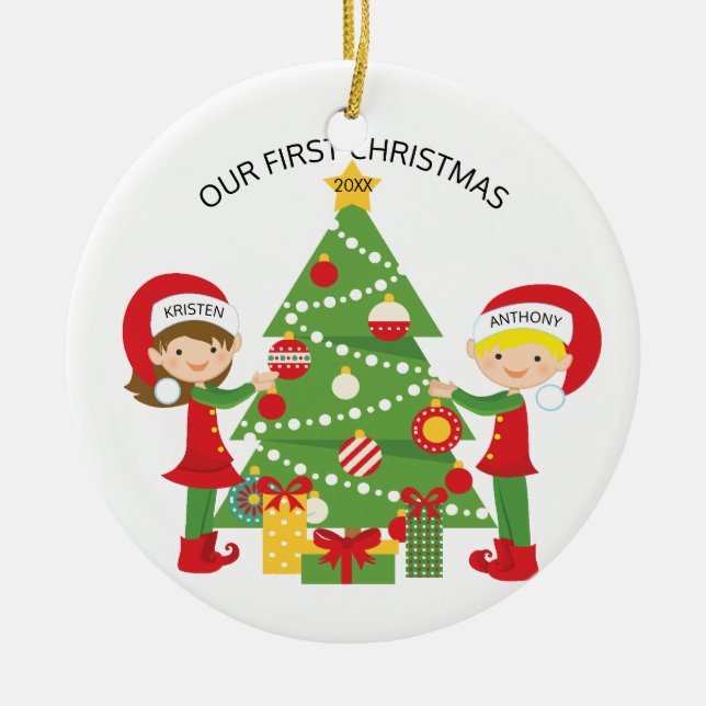 Ornamento De Cerâmica Nosso Natal personalizado primeiro Natal (Frente)
