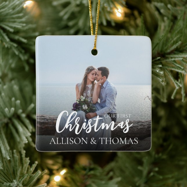Ornamento De Cerâmica Nosso Primeiro Casamento Simples De Foto Elegante  (Árvore)