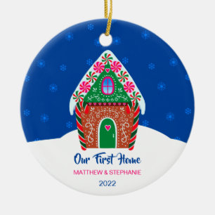 Ornamento De Cerâmica Nosso Primeiro Gingerpão de casa é azul