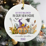 Ornamento De Cerâmica Nosso Primeiro Halloween Em Nova Aquarela<br><div class="desc">Esta design foi criada através da arte digital. Pode ser personalizada na área fornecida ou personalizada alterando a foto ou acrescentando suas próprias palavras. Entre em contato comigo em colorflowcreations@gmail.com se você quiser usar este design em outro produto. Veja mais das minhas criações ou siga-me em www.facebook.com/colorflowcreations, www.instagram.com/colorflowcreations, www.twitter.com/colorflowart e...</div>