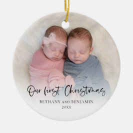 Ornamento De Cerâmica Nosso Primeiro Natal 2 Fotos Script Gêmeos Bebê Ce