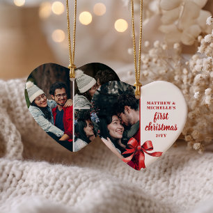 Ornamento De Cerâmica Nosso Primeiro Natal 4 Colagem de Fotos Laço Verme