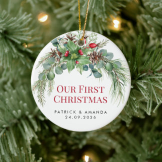Ornamento De Cerâmica Nosso Primeiro Natal Aguarela Folhagem
