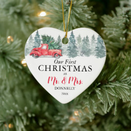 Ornamento De Cerâmica Nosso Primeiro Natal | Caminhão Vermelho Vintage