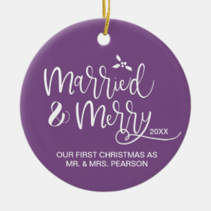 Ornamento De Cerâmica Nosso Primeiro Natal, Casado e Feliz, Roxo
