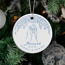 Ornamento De Cerâmica Nosso Primeiro Natal Casados Casal Azul Caprichoso