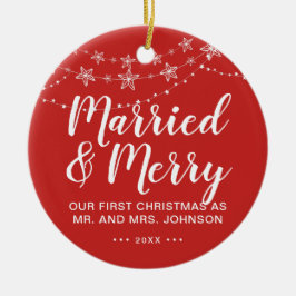 Ornamento De Cerâmica Nosso Primeiro Natal Casados e Alegres Foto Vermel