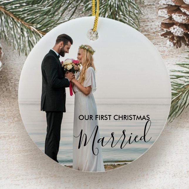 Ornamento De Cerâmica Nosso Primeiro Natal Casou Foto Personalizada (First Christmas Married photo ornament by Darling & May)