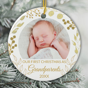 Ornamento De Cerâmica Nosso Primeiro Natal Como Avós Foto Dourada