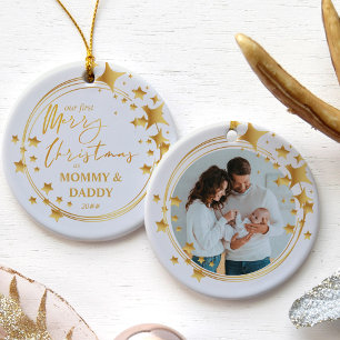 Ornamento De Cerâmica Nosso Primeiro Natal como Foto do Novo Bebê Estr