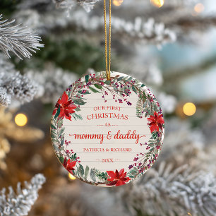 Ornamento De Cerâmica Nosso Primeiro Natal como Mamãe e Papai Coroa Rúst