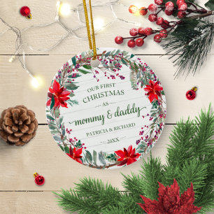Ornamento De Cerâmica Nosso Primeiro Natal como Mamãe e Papai Coroa Rúst